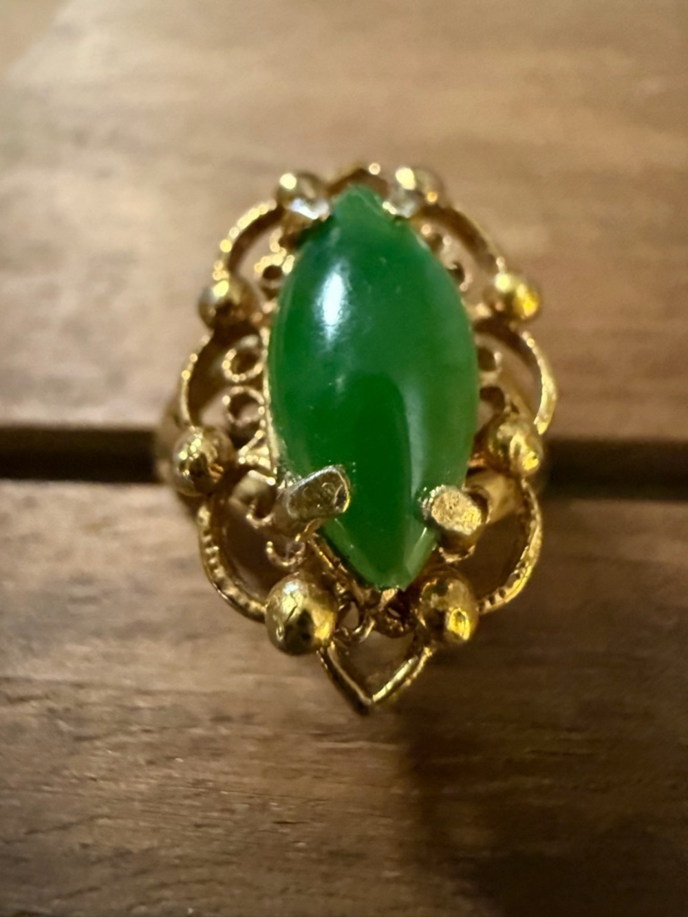 Gold Filigree Ring with Green Marquise Stone